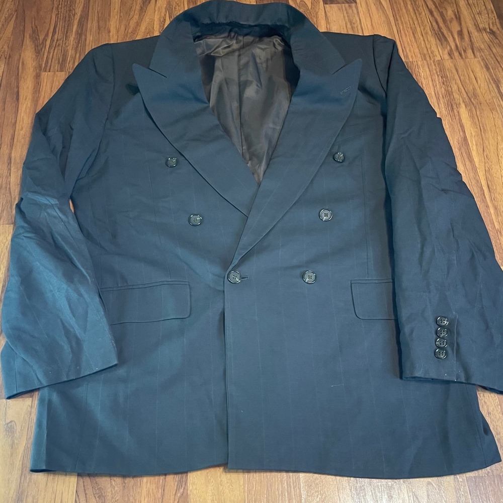 Hardy Amies London Mens Blazer Large Double Breasted Wool Pinstripe Navy Blue